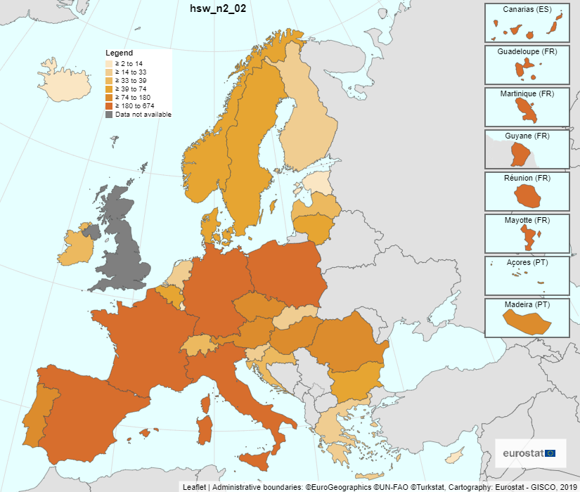 Mappa: morti sul lavoro nei Paesi Ue, 2021. Fonte: Eurostat