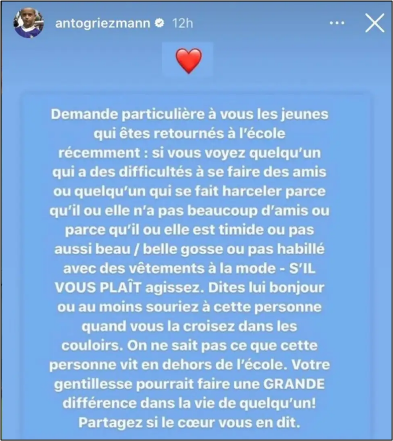 Griezmann Storia Instagram Contro Bullismo