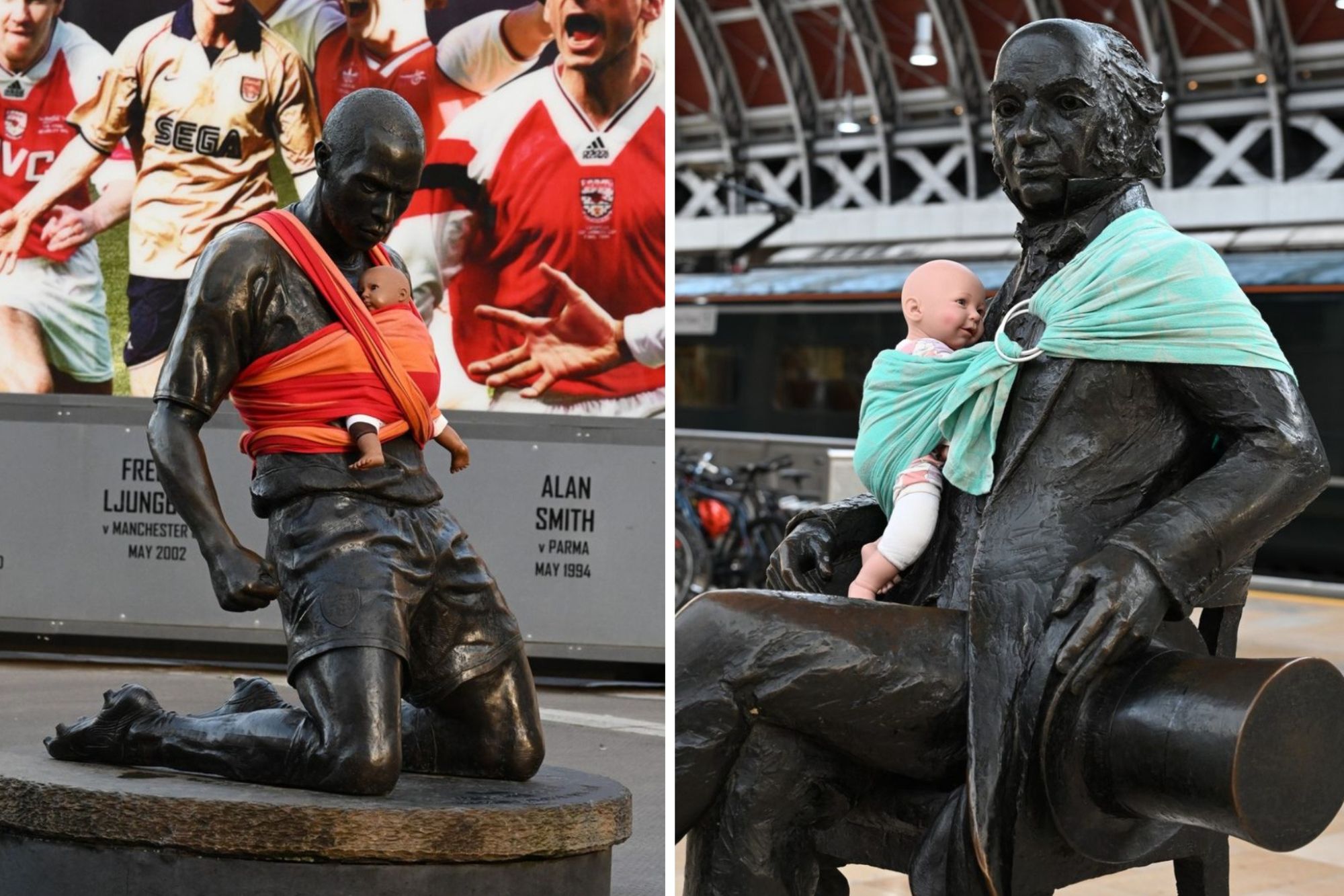 Papà legano “bebè” alle statue: “Chiediamo congedi parentali migliori”