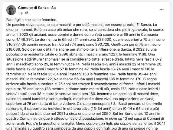 Post Facebook comune Sanza figli femmine